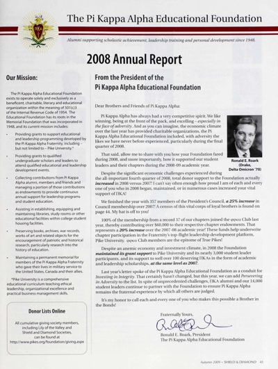 The Pi Kappa Alpha Educational Foundation: 2008 Annual Report, Autumn 2009